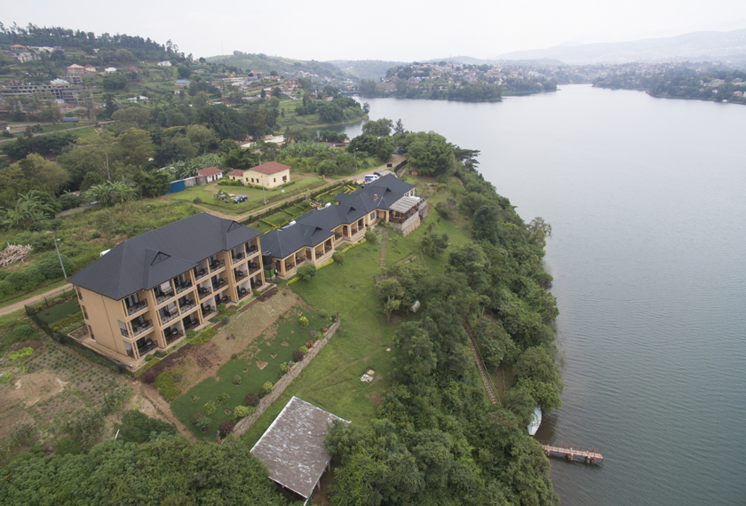 An aerial view of Emeraude Kivu Resort on the shores of Lake Kivu in Rwanda.