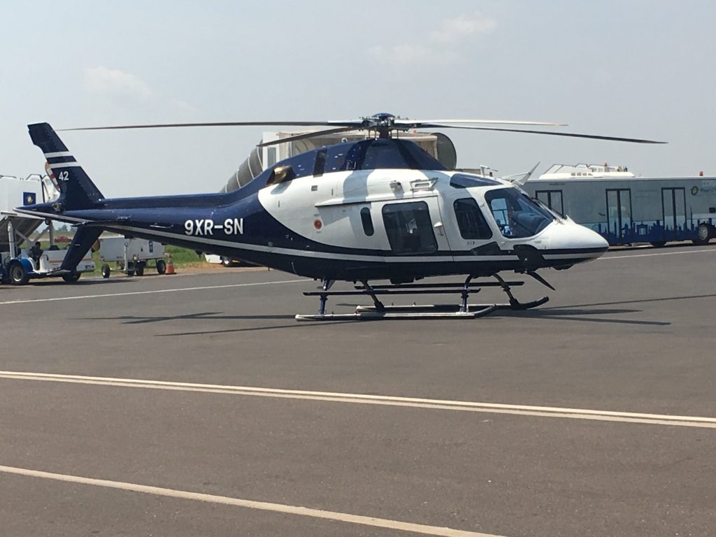 One of the helicopters getting ready for a helicopter flight to Nyungwe Forest National Park.